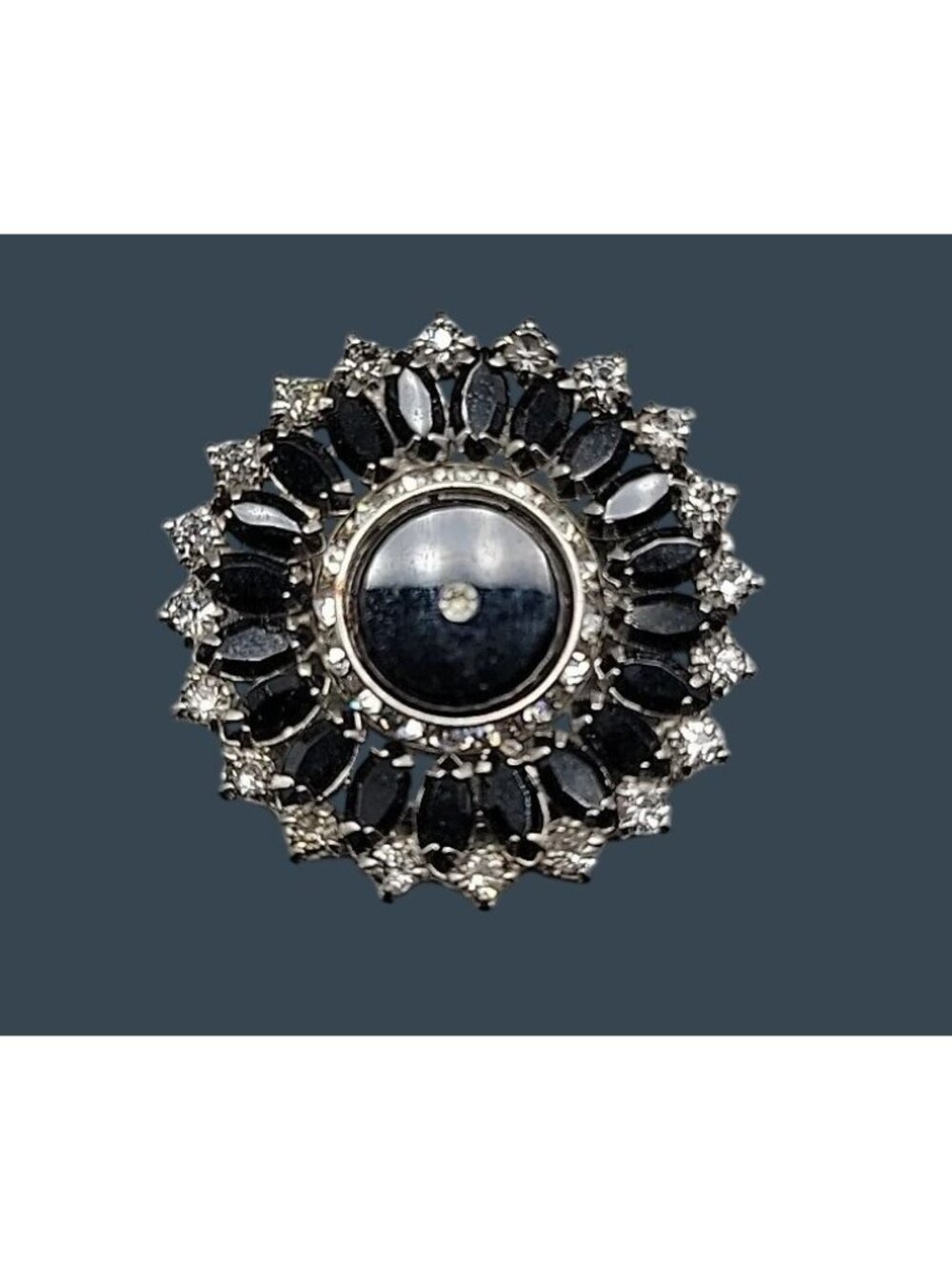 Rhinestone Large Circle Brooch Vintage Black & White
